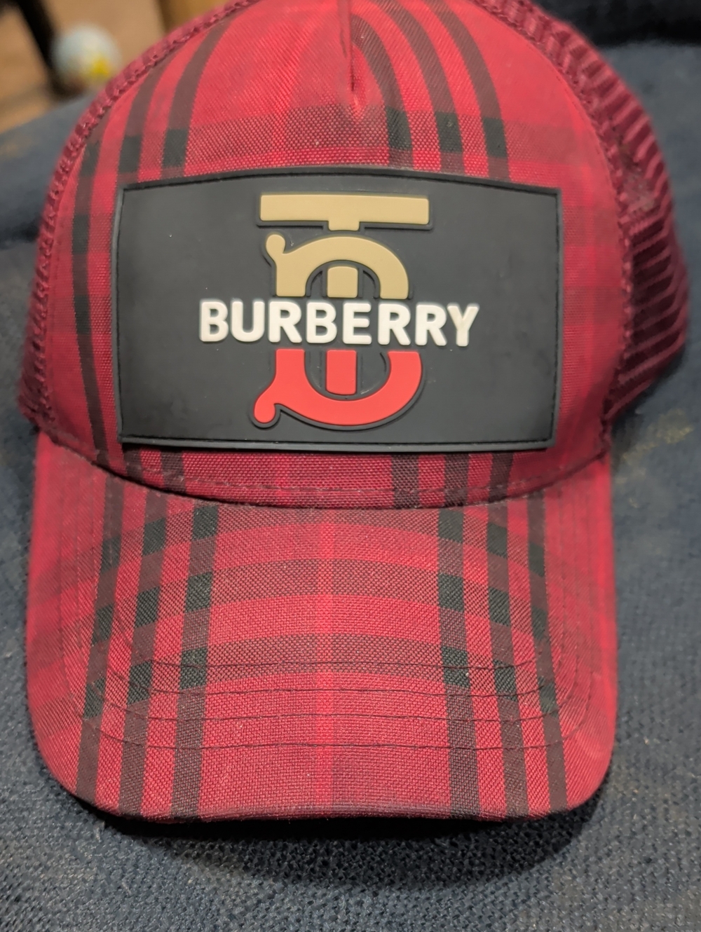 Burberry Red and Black Plaid Logo Patch Baseball Cap